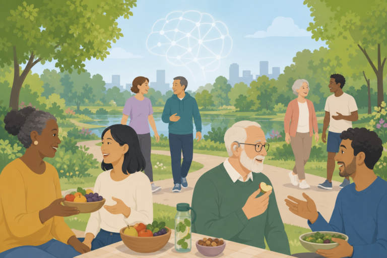 An illustration of adults walking, sharing healthy food, and socializing to support brain health.