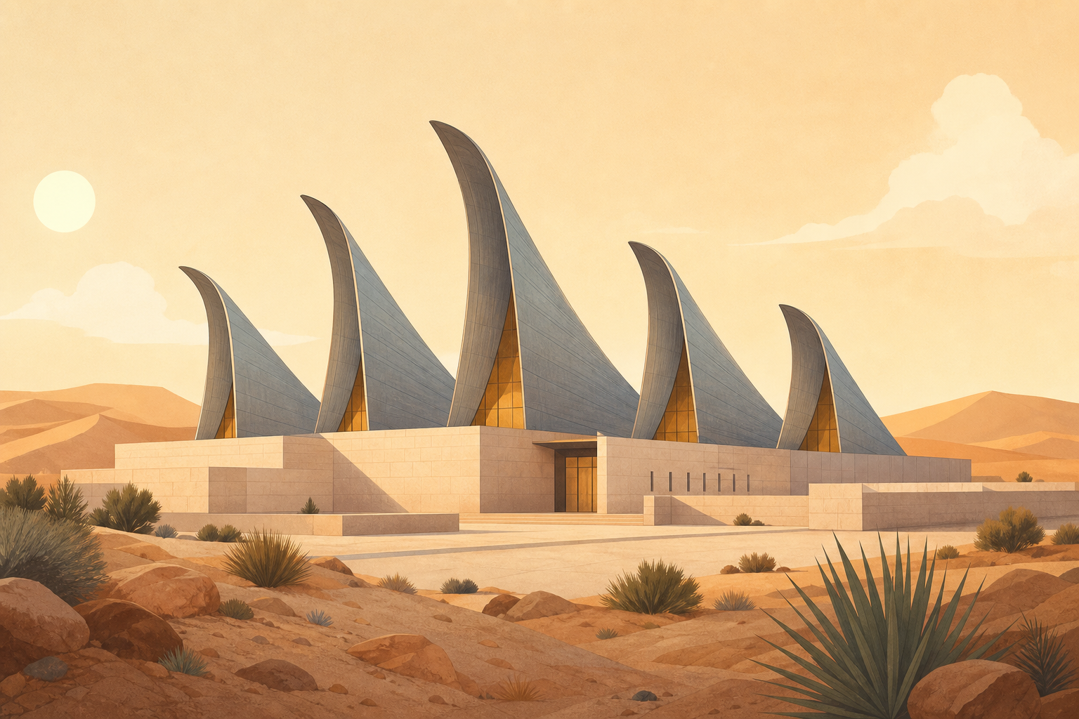 A stylized illustration of a low desert museum with five abstract steel towers inspired by falcon wings.