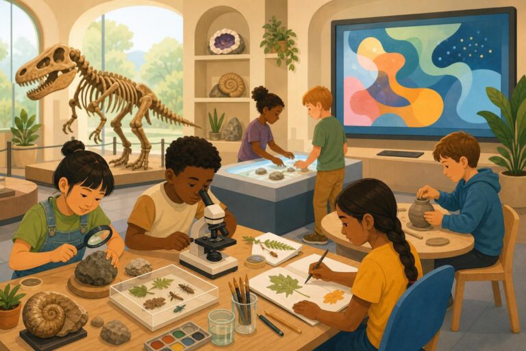 Illustration of children learning about science, art, and technology at a summer camp.
