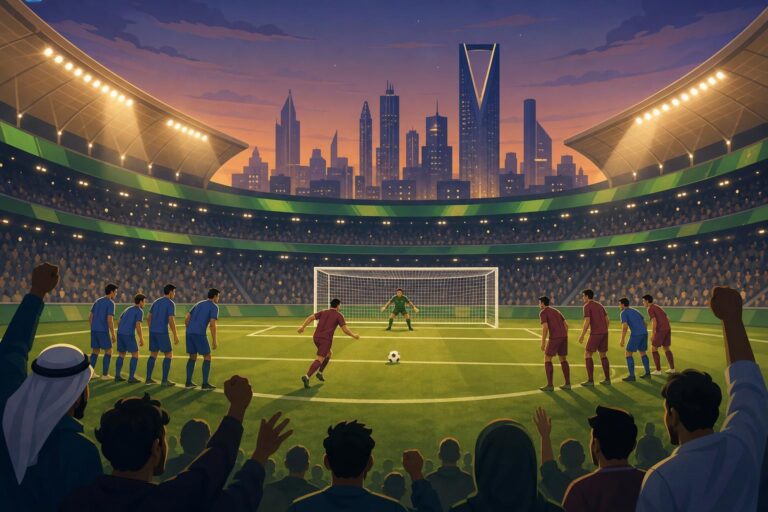 Editorial illustration of a football match in a modern Riyadh stadium, with a penalty kick underway.