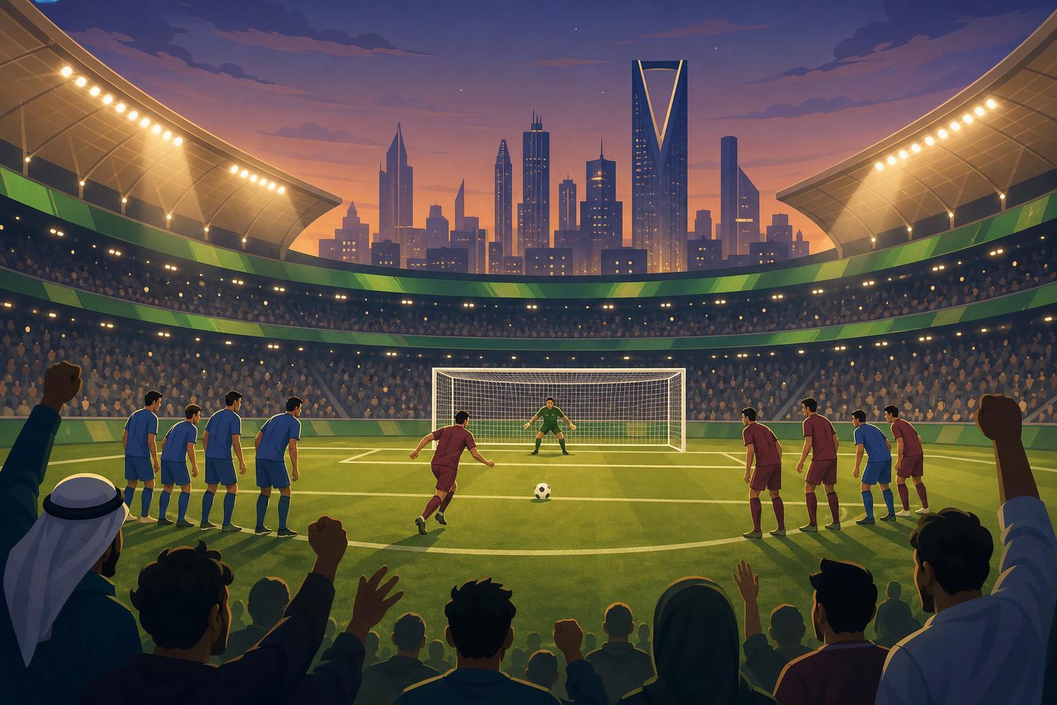 Editorial illustration of a football match in a modern Riyadh stadium, with a penalty kick underway.