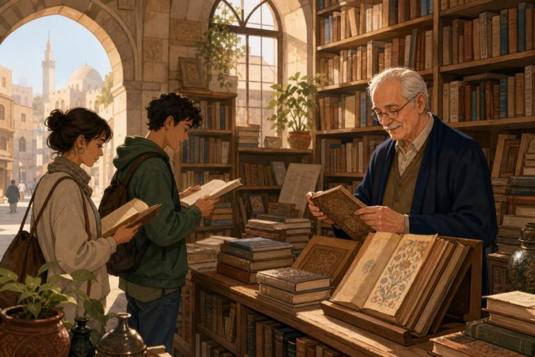 A stylized illustration of an elderly bookseller in an Aleppo shop surrounded by shelves of old books and student visitors.