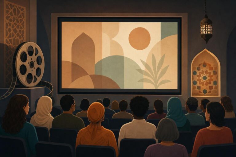 An editorial illustration of a diverse audience watching a documentary in a museum cinema