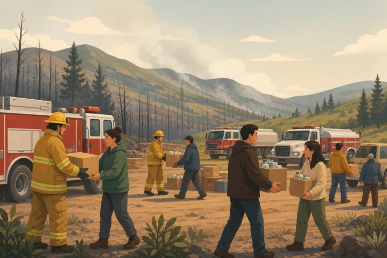 Editorial illustration of firefighters and residents bringing aid after contained forest fires in Algeria.