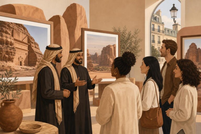 Illustration of AlUla storytellers sharing heritage stories with visitors beside photographs