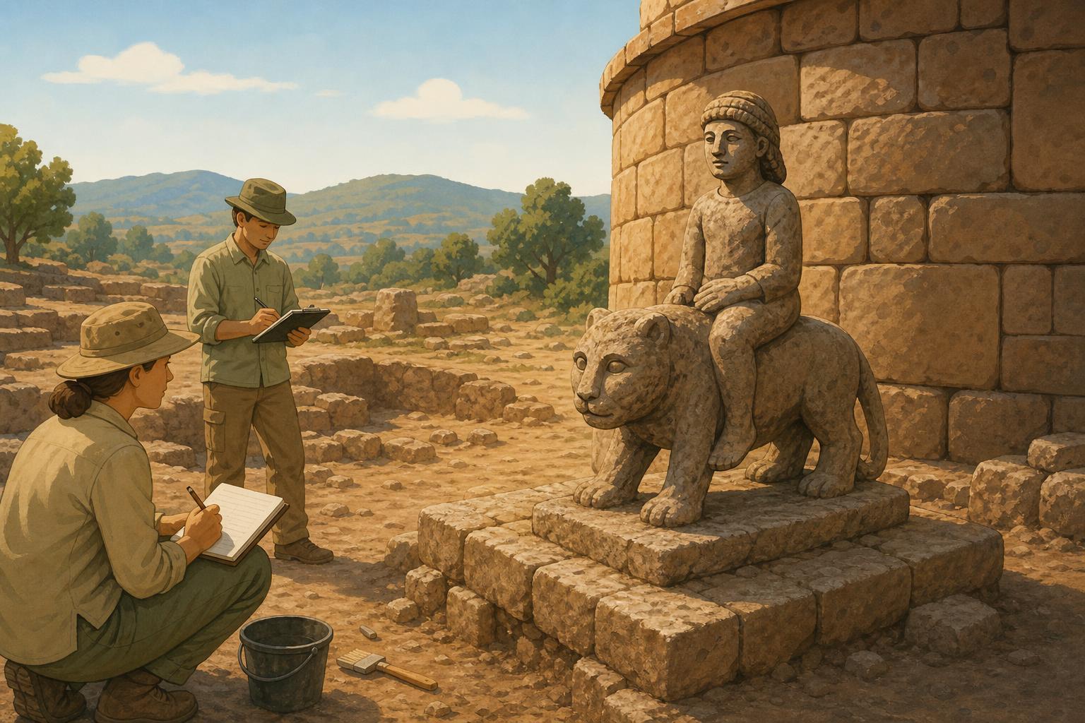 Illustration of an ancient stone statue of a person seated on a leopard at an archaeological excavation.