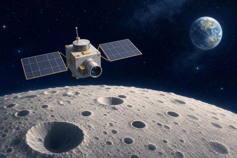 Illustration of a lunar orbiter with a scientific camera above craters near the Moon’s south pole.
