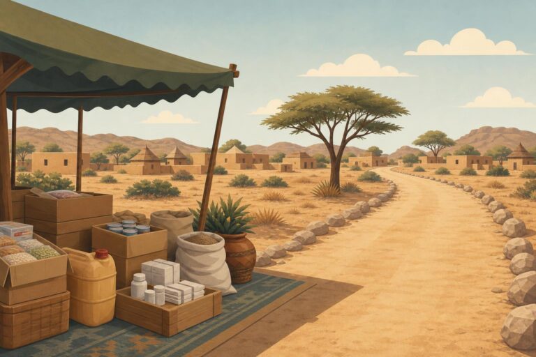 A symbolic editorial illustration of a market, aid supplies, and a safe route in North Kordofan, Sudan.