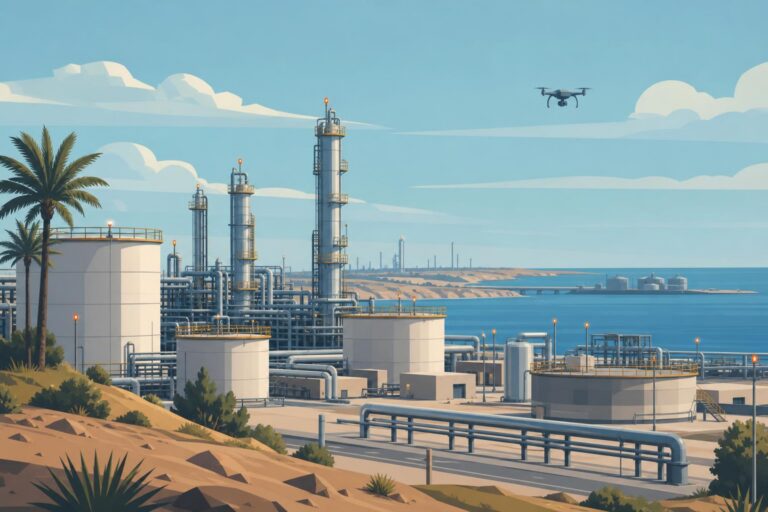 Editorial illustration of storage tanks and equipment at a Libyan oil refinery.