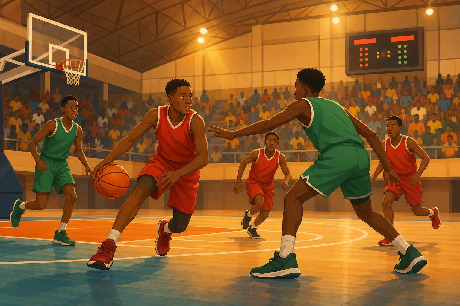Illustration of youth basketball players competing in an indoor championship game
