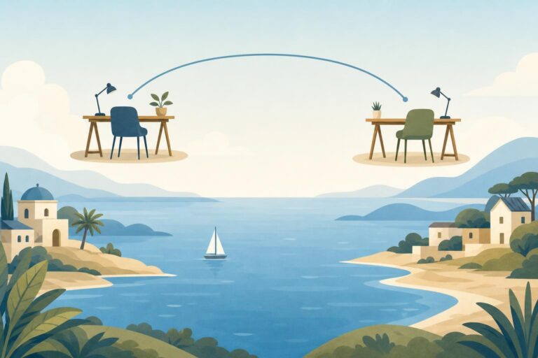 Editorial illustration of a diplomatic conversation connected to a peaceful sea route.