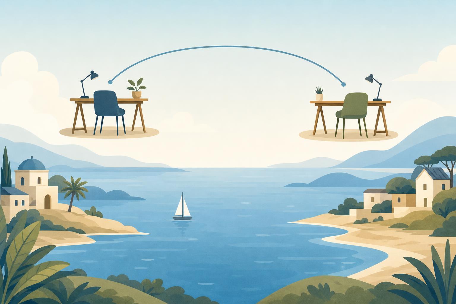 Editorial illustration of a diplomatic conversation connected to a peaceful sea route.