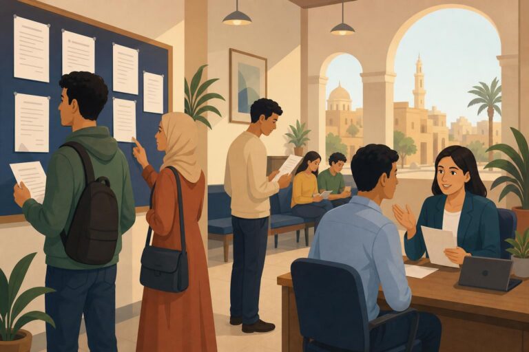 Illustration of job seekers receiving employment information at a public labour office in Egypt.