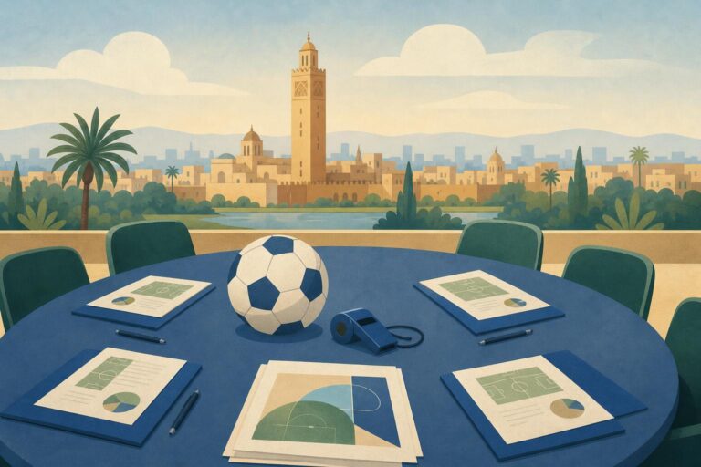 Editorial illustration of documents and a football symbol at a meeting table, representing governance in international football.