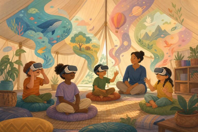 Editorial illustration of children using virtual-reality headsets during a support session in a tent in Gaza.