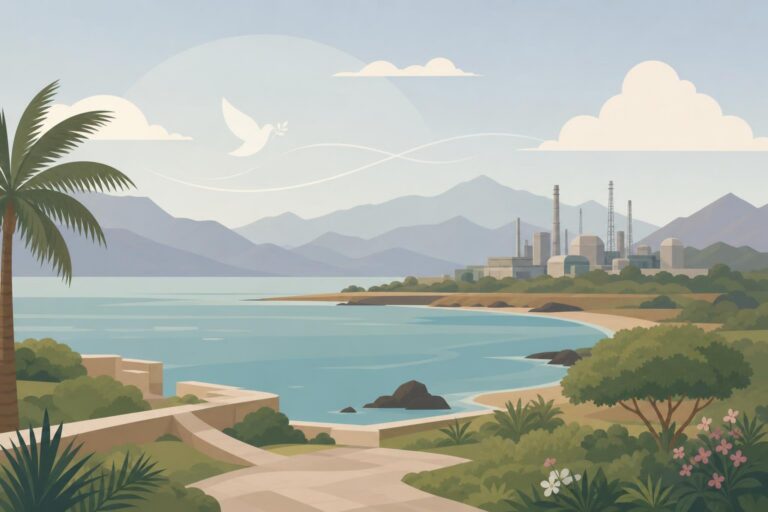 Calm editorial illustration of an abstract industrial landscape near Jazan, Saudi Arabia.