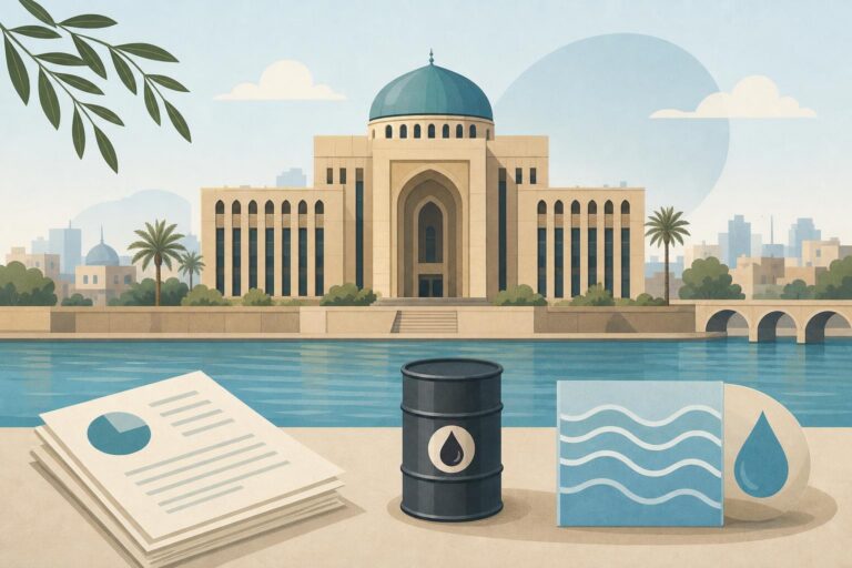 An editorial illustration of an Iraqi government building with documents, oil, and water symbols