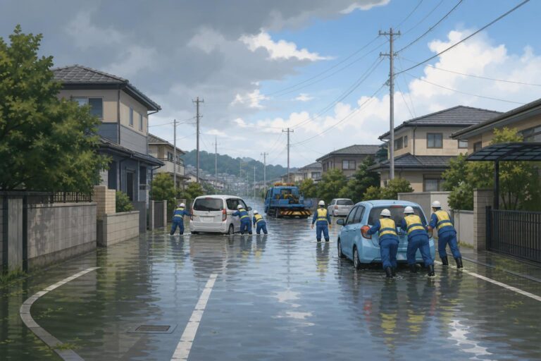Editorial illustration of rescue workers moving cars from a flooded street in Chiba, Japan