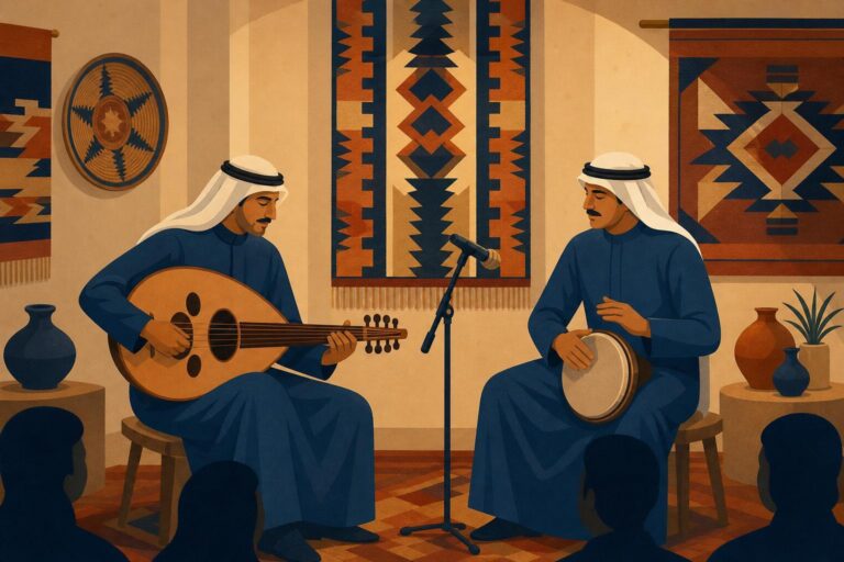 Illustration of two musicians performing with an oud and hand percussion before Al Sadu-inspired geometric woven patterns.