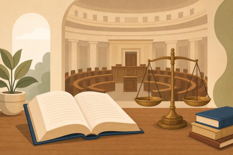 Editorial illustration of a law book and legal scales representing Lebanon’s general amnesty law