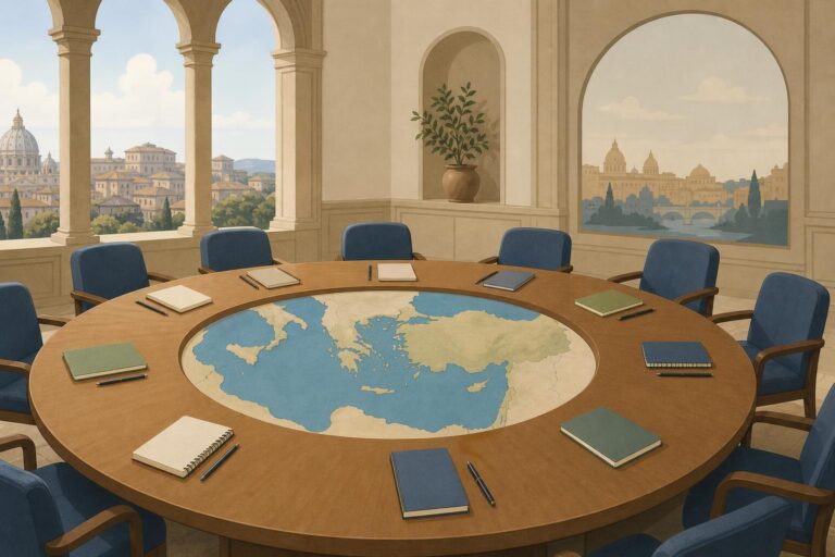 An editorial illustration of a conference table and an eastern Mediterranean map for talks in Rome