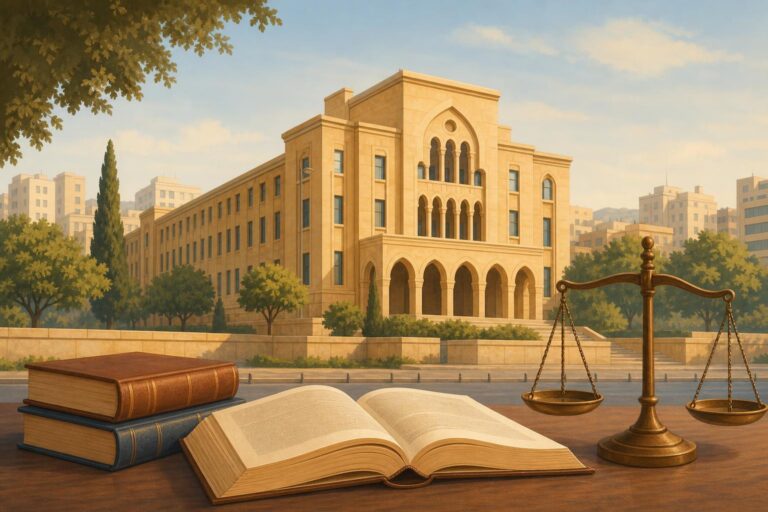 Editorial illustration of the Lebanese Parliament building with a law book and scales of justice