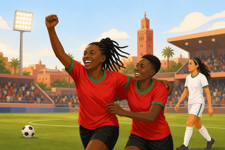 Illustration of Malawi women football players celebrating a semi-final victory in a stadium