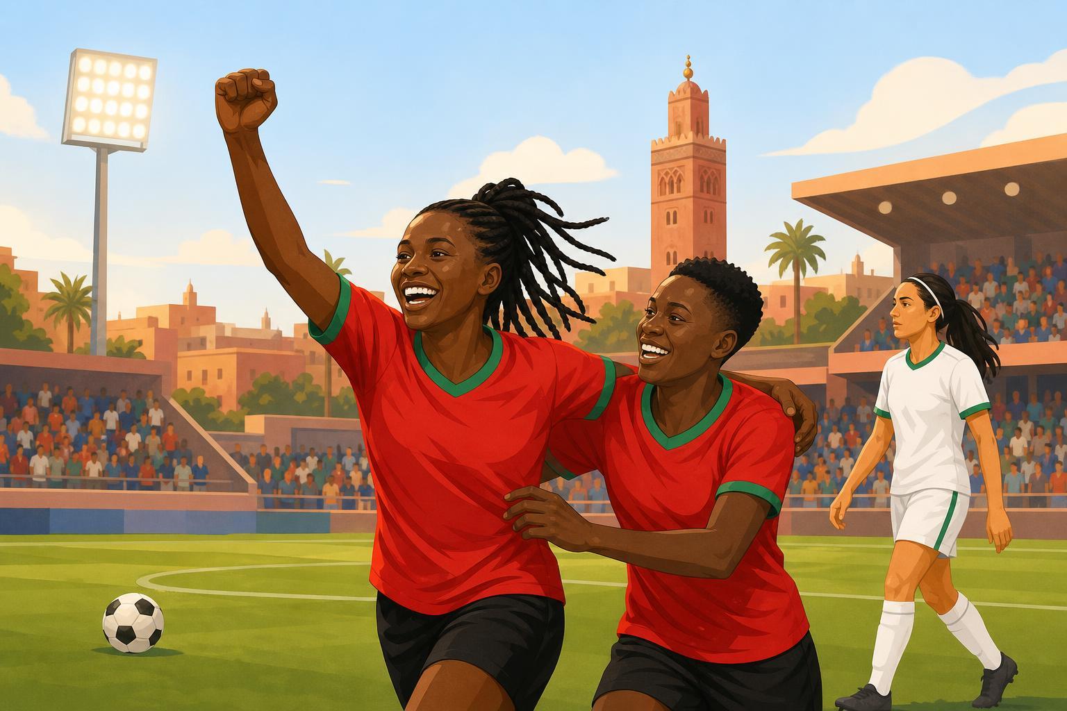 Illustration of Malawi women football players celebrating a semi-final victory in a stadium