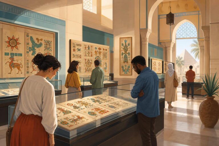 Illustration of visitors viewing colorful manuscript reproductions in a Cairo gallery