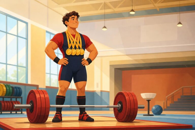 Editorial illustration of a young powerlifter beside a barbell and four gold medals