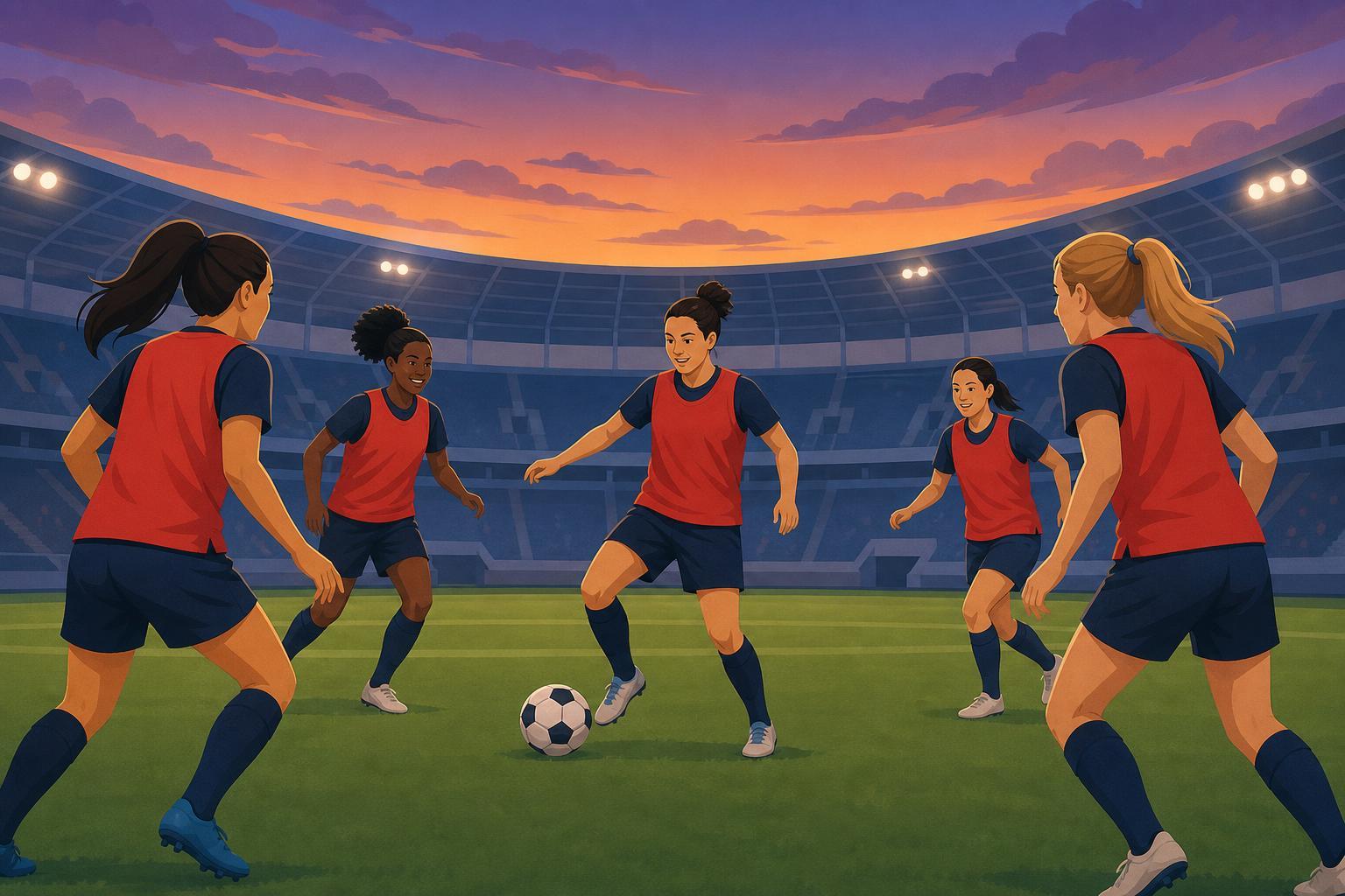 Illustration of women footballers training with a ball on a green pitch before a match.