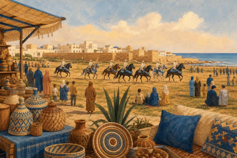 Editorial illustration of tbourida horse riders and traditional craft stalls at a Moroccan heritage gathering