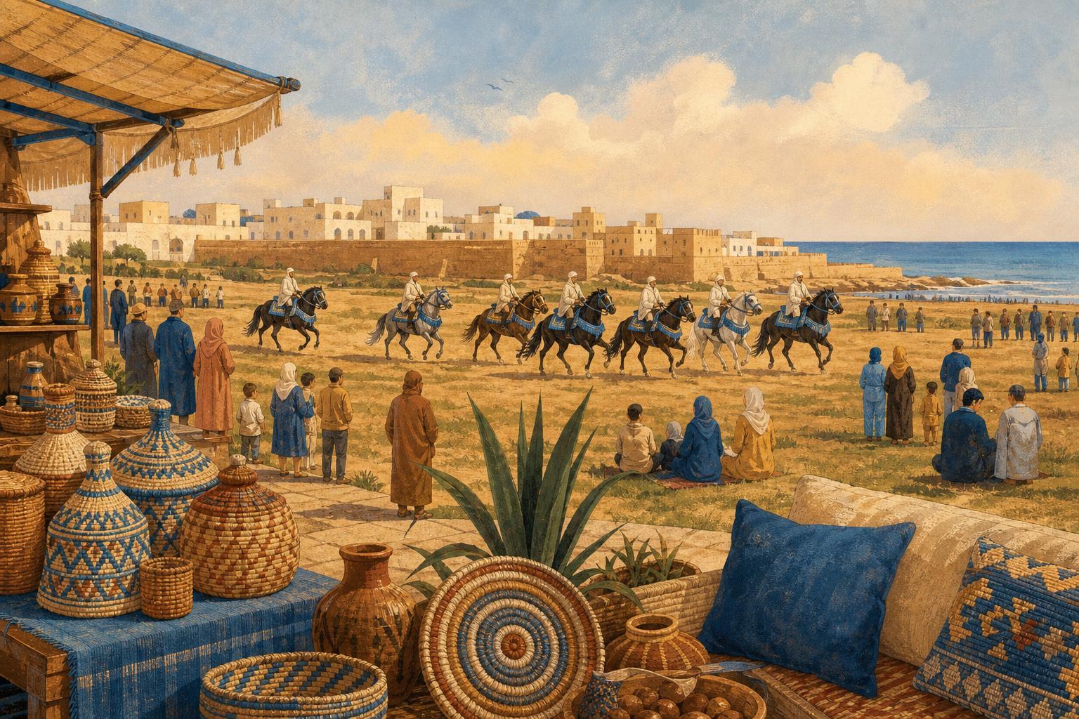 Editorial illustration of tbourida horse riders and traditional craft stalls at a Moroccan heritage gathering