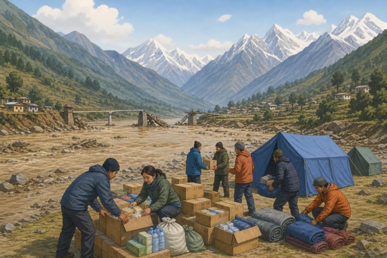 Editorial illustration of rescue workers organizing supplies in a Himalayan valley after flooding