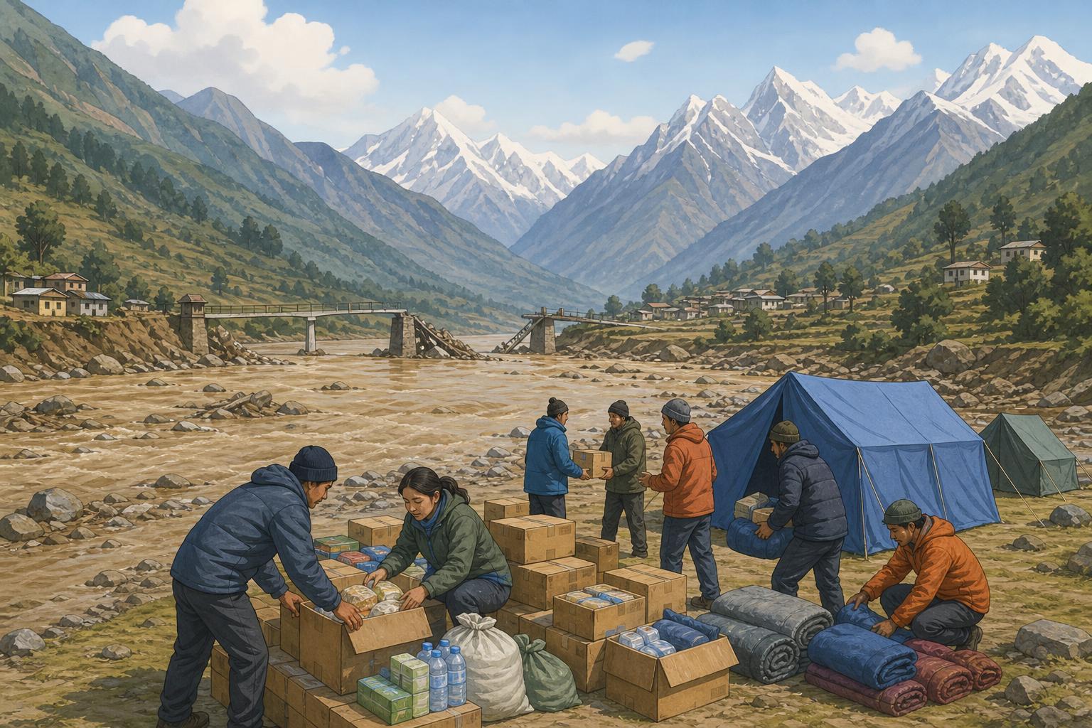 Editorial illustration of rescue workers organizing supplies in a Himalayan valley after flooding