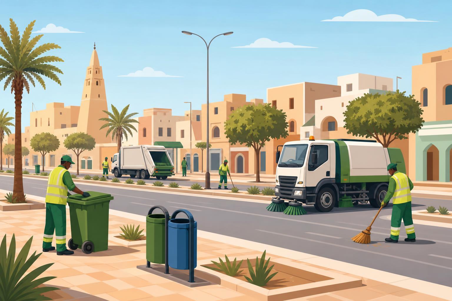 Editorial illustration of municipal cleaning workers and vehicles improving a street in Nouakchott.