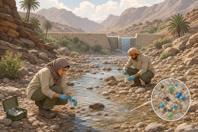 Illustration of scientists collecting sediment samples in an Omani wadi after rainfall