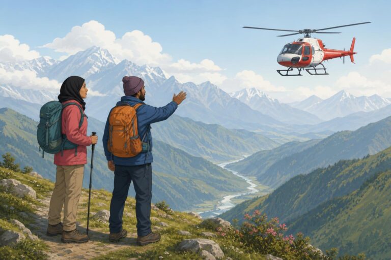 Editorial illustration of an Omani trekker and her guide awaiting helicopter rescue on a mountain in Nepal