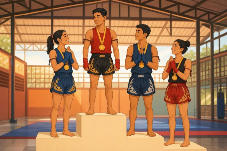 Illustration of young Muay Thai athletes celebrating medals in an indoor sports hall.