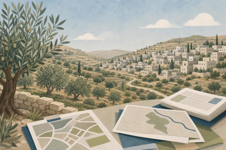 Editorial illustration of West Bank land, olive trees, and planning documents