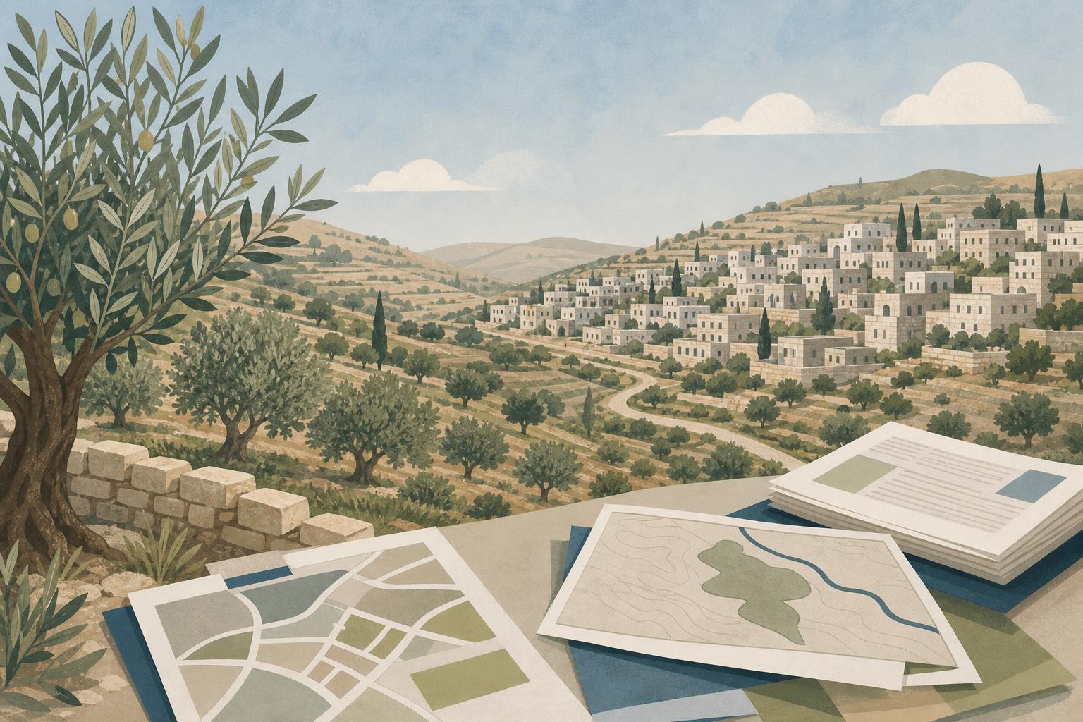 Editorial illustration of West Bank land, olive trees, and planning documents