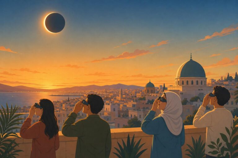 Educational illustration of a partial solar eclipse above Algeria at sunset