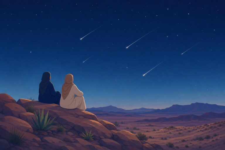 An editorial illustration of two people watching Perseid meteors above a dark desert landscape.