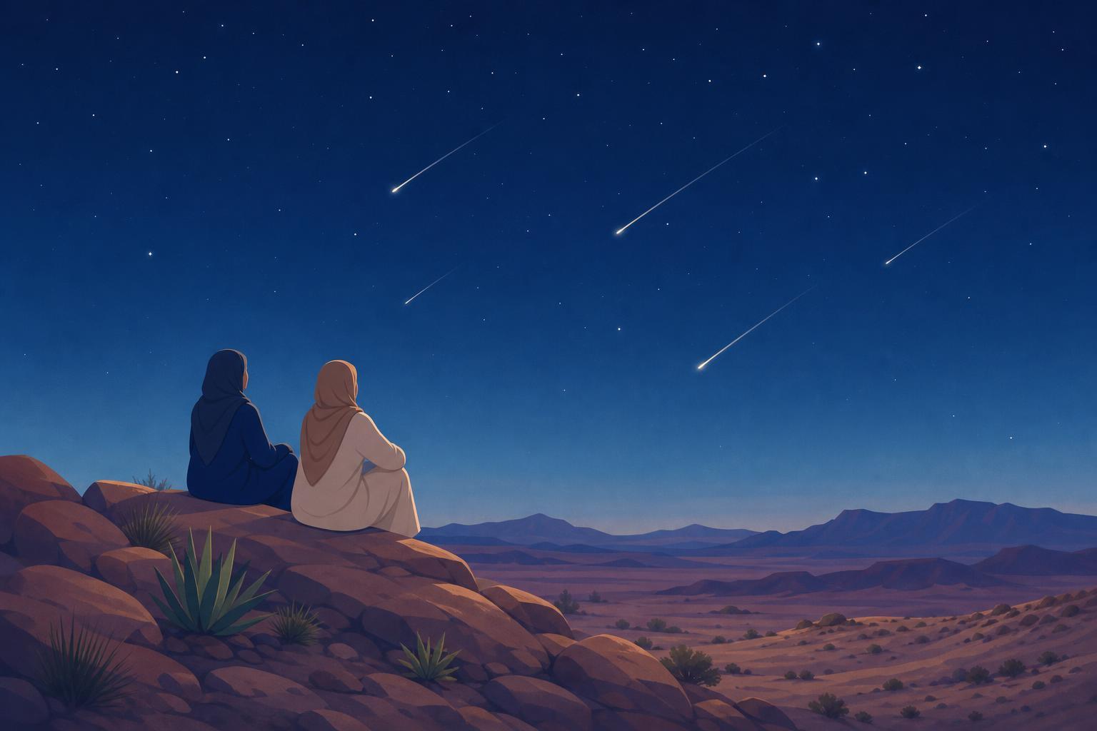 An editorial illustration of two people watching Perseid meteors above a dark desert landscape.