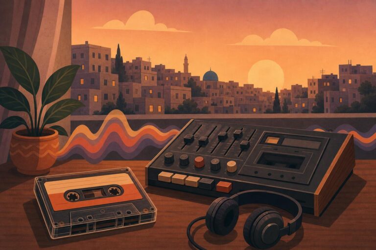 An illustrated cassette tape and small home-recording mixer in warm nostalgic colors