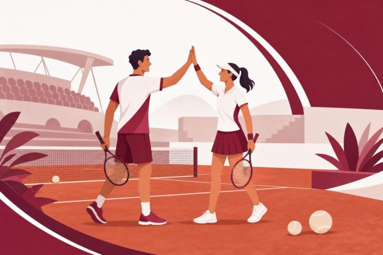 Illustration of two tennis players celebrating after a doubles victory.