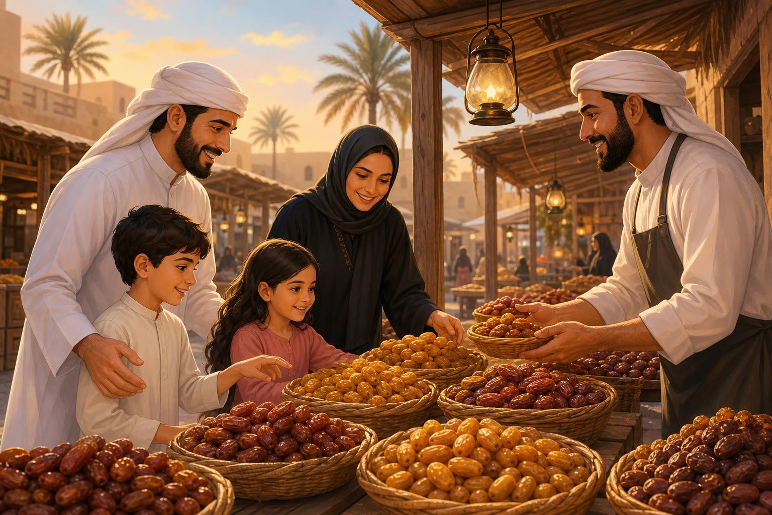 Illustration of families choosing fresh dates from local farmers at Souq Waqif in Doha.