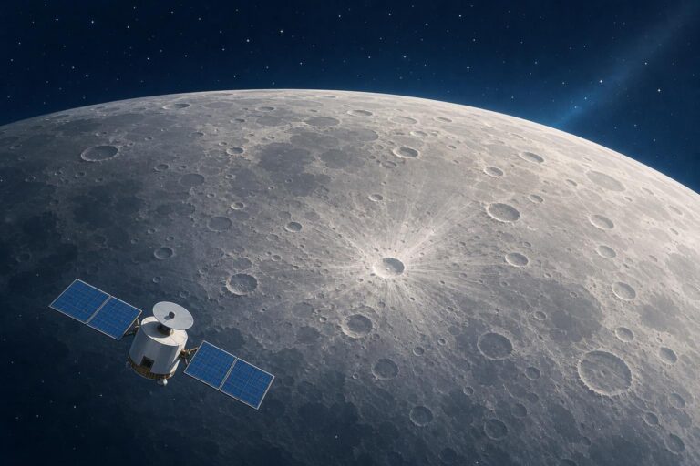 Editorial illustration of a spacecraft observing a small fresh crater on the Moon