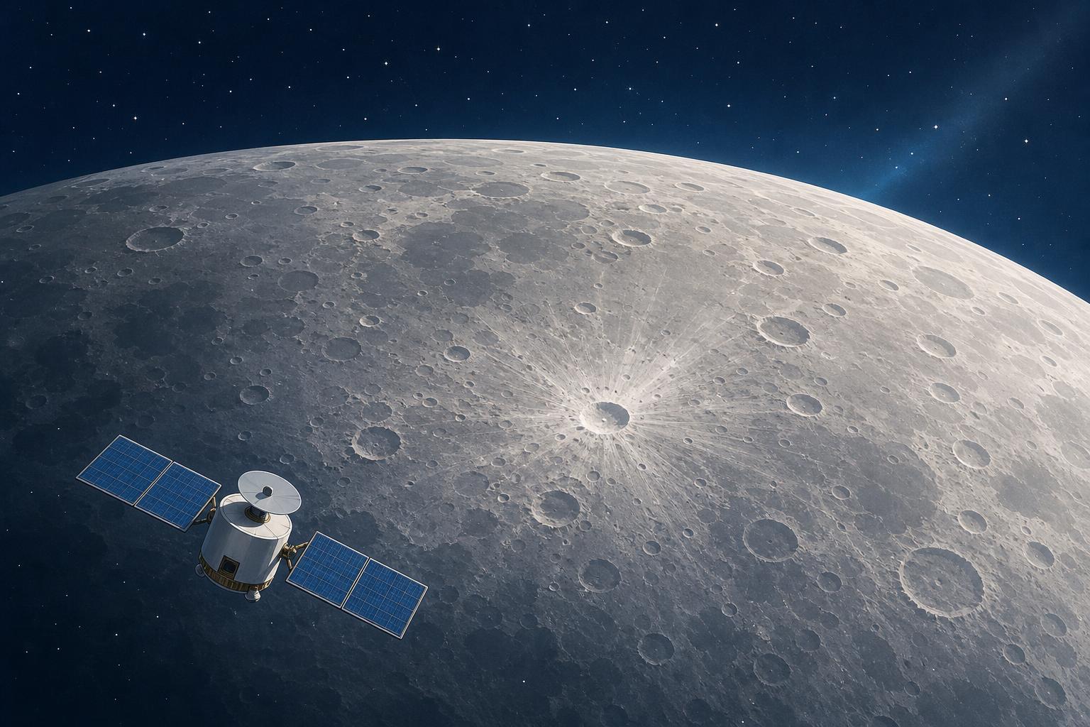 Editorial illustration of a spacecraft observing a small fresh crater on the Moon