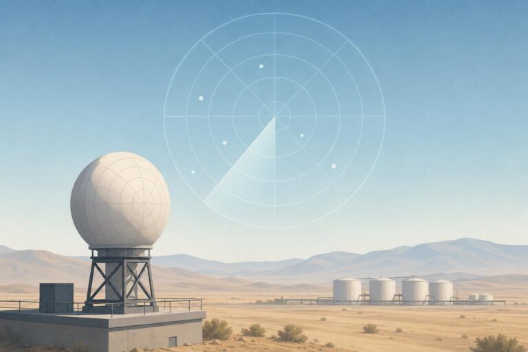 Editorial illustration of a radar display over a desert skyline and energy infrastructure